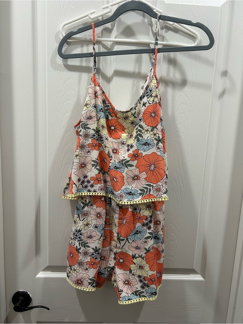 NWT Charlotte Russe Orange Floral Pom-Trim Romper with Blue and Yellow Accents-